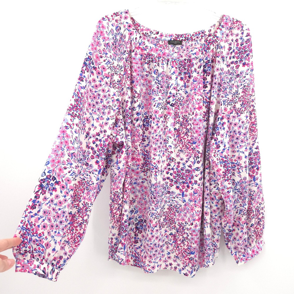 Talbots Floral Blouse Women 2X Pink Purple Long Sleeve Scoop Neck Pleated Top